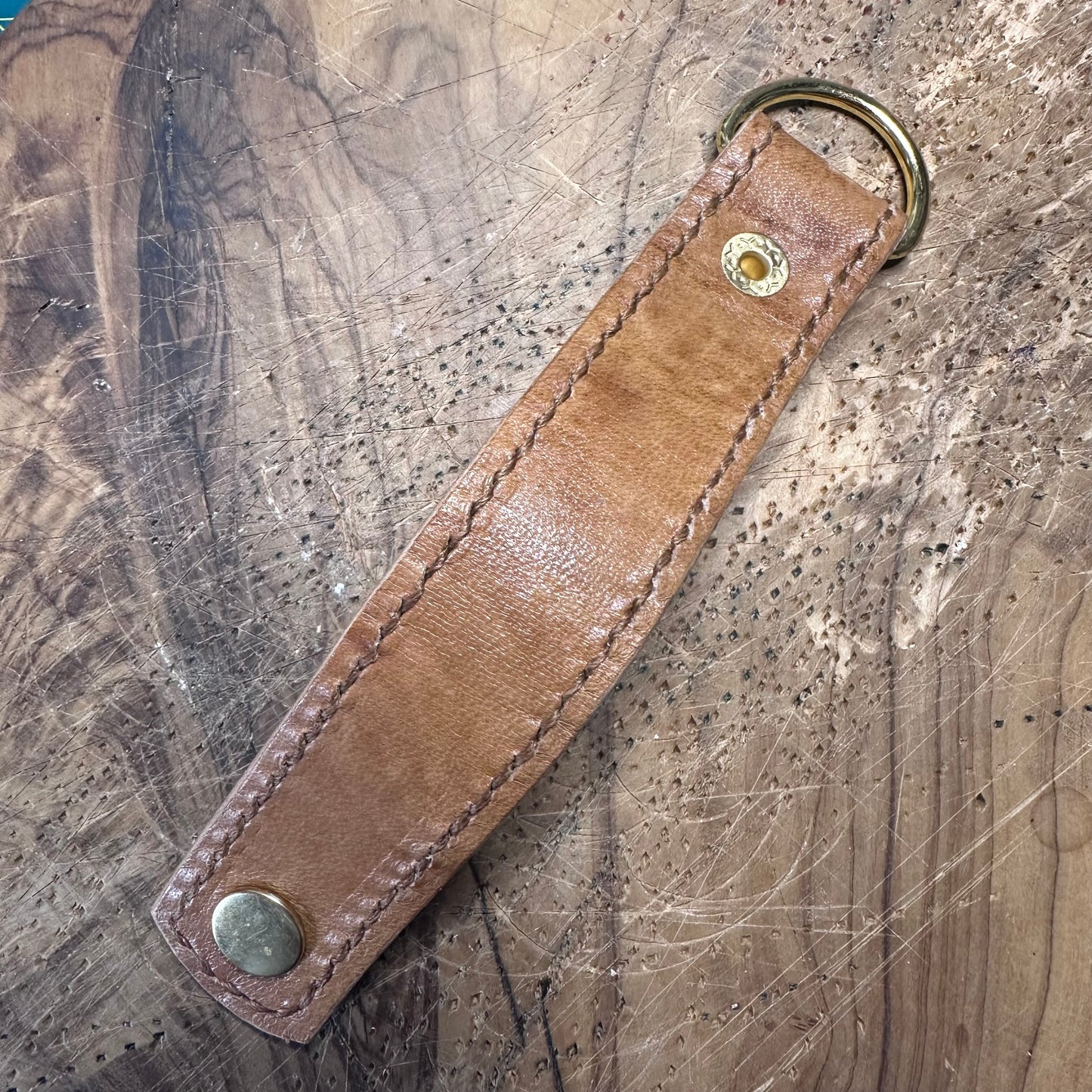 Hand-Stitched Leather Keyring — Repurposed Tan Leather, D-Ring & Popper