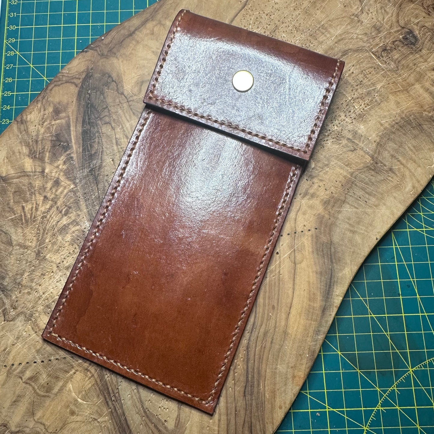 Hand-Stitched Veg-Tan Leather Glasses Case — Chestnut Brown