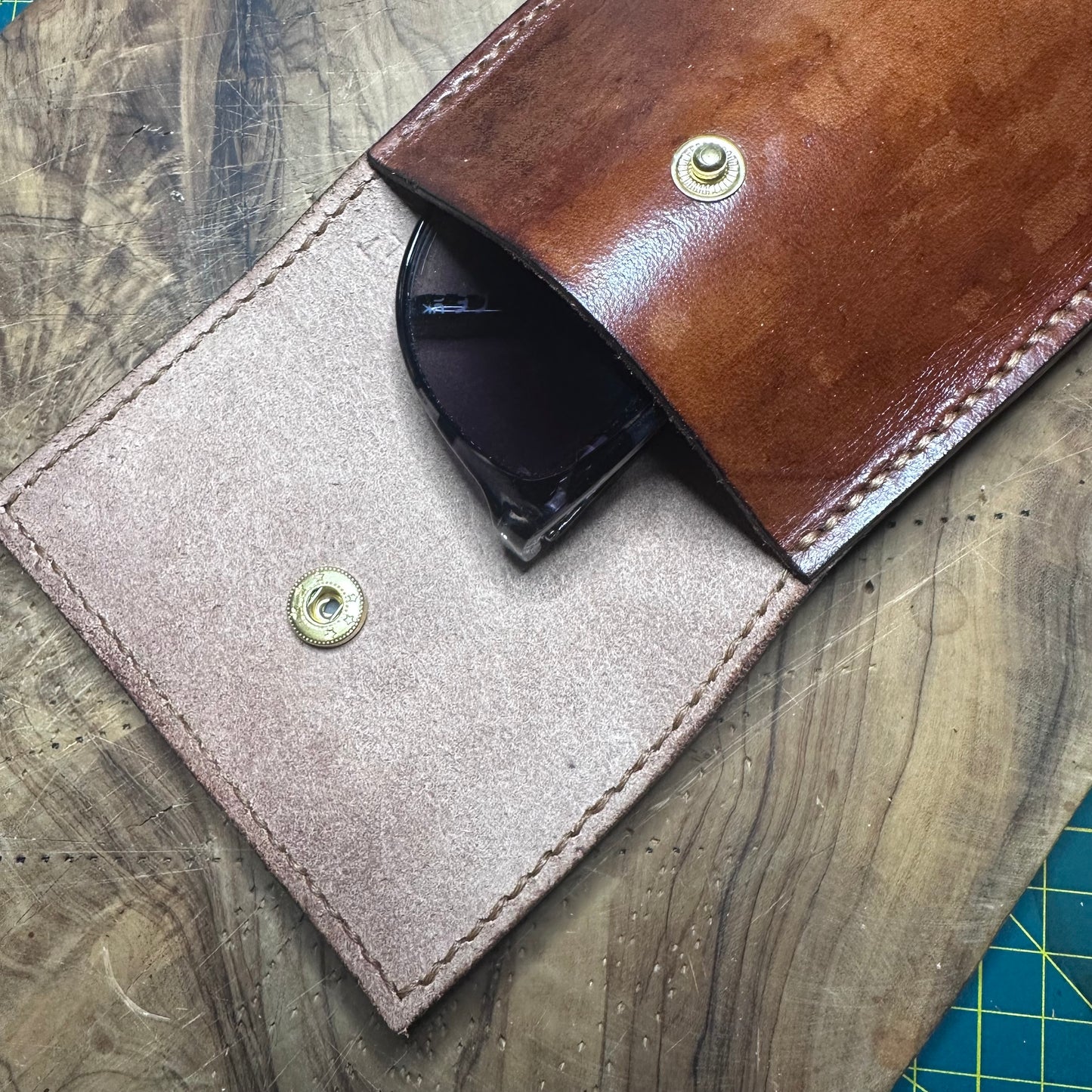 Hand-Stitched Veg-Tan Leather Glasses Case — Chestnut Brown