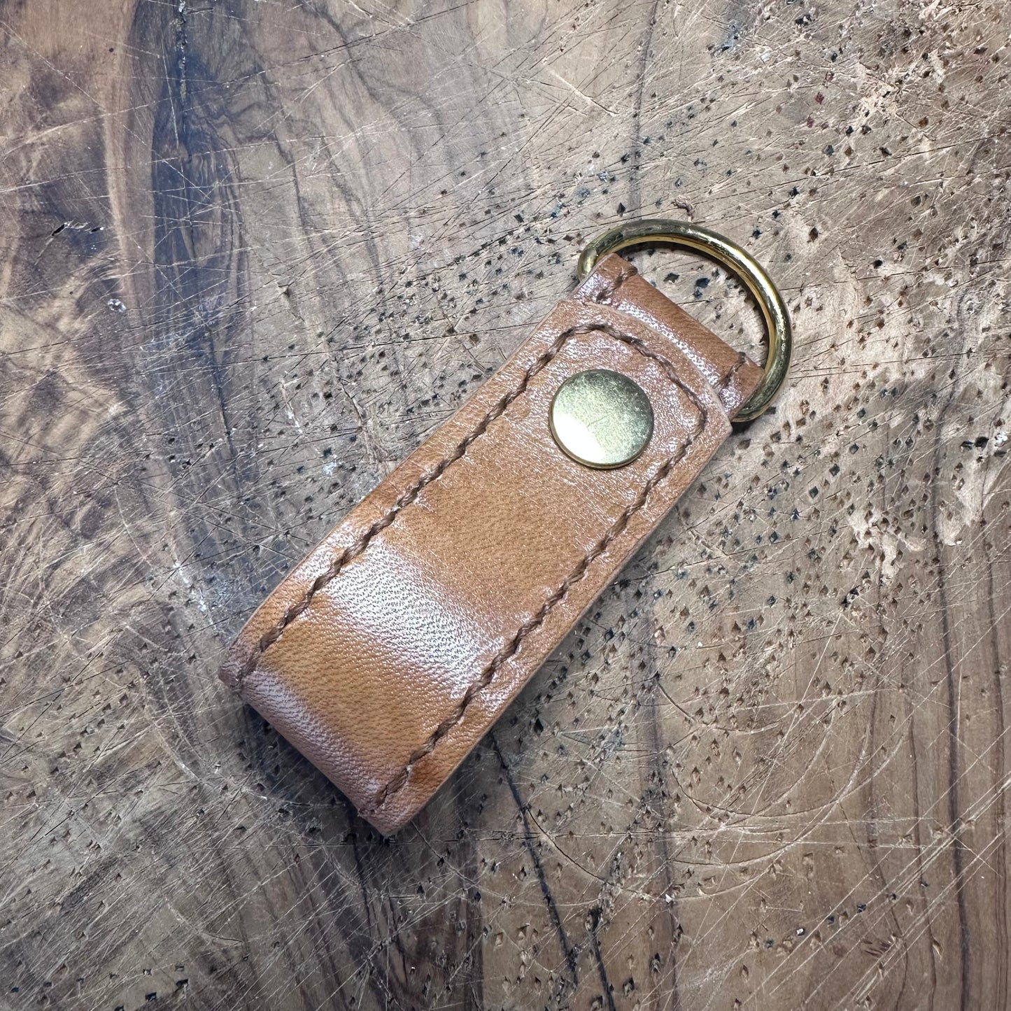 Hand-Stitched Leather Keyring — Repurposed Tan Leather, D-Ring & Popper