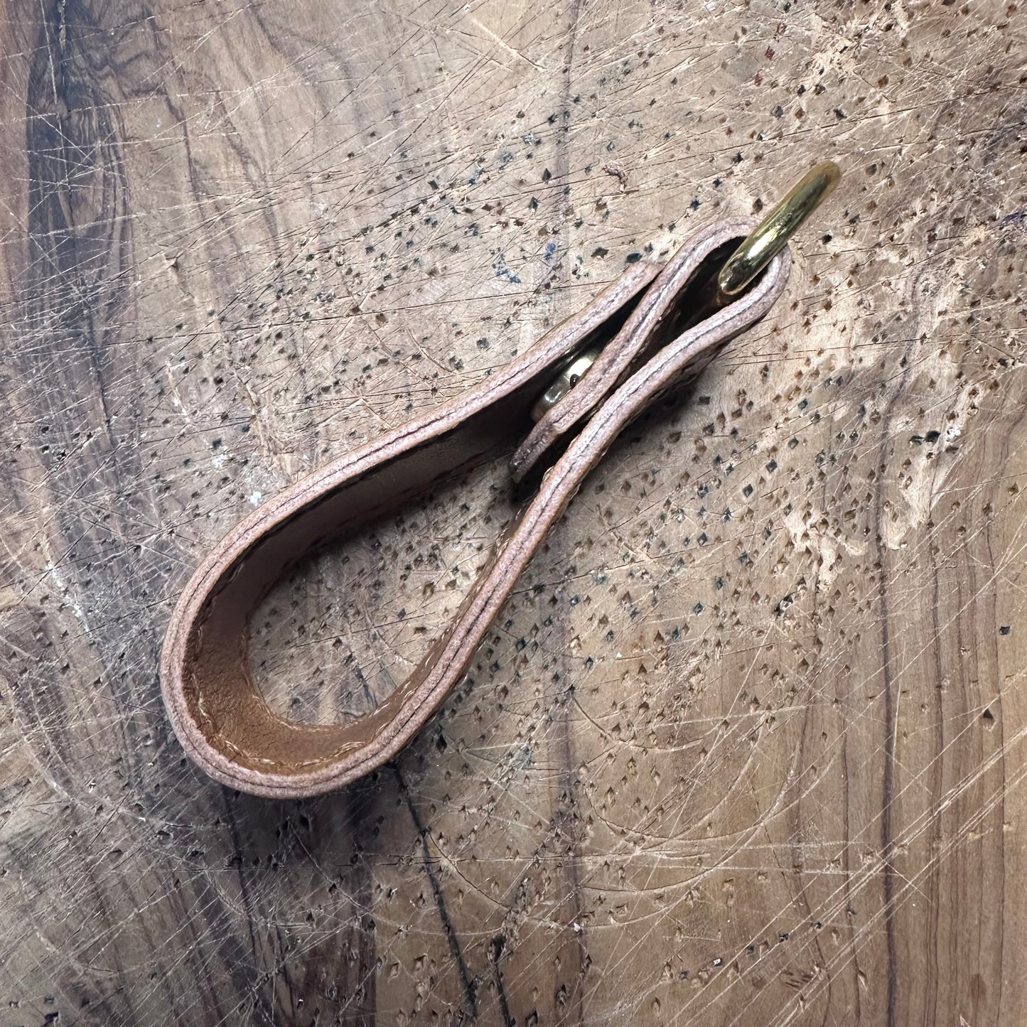 Hand-Stitched Leather Keyring — Repurposed Tan Leather, D-Ring & Popper