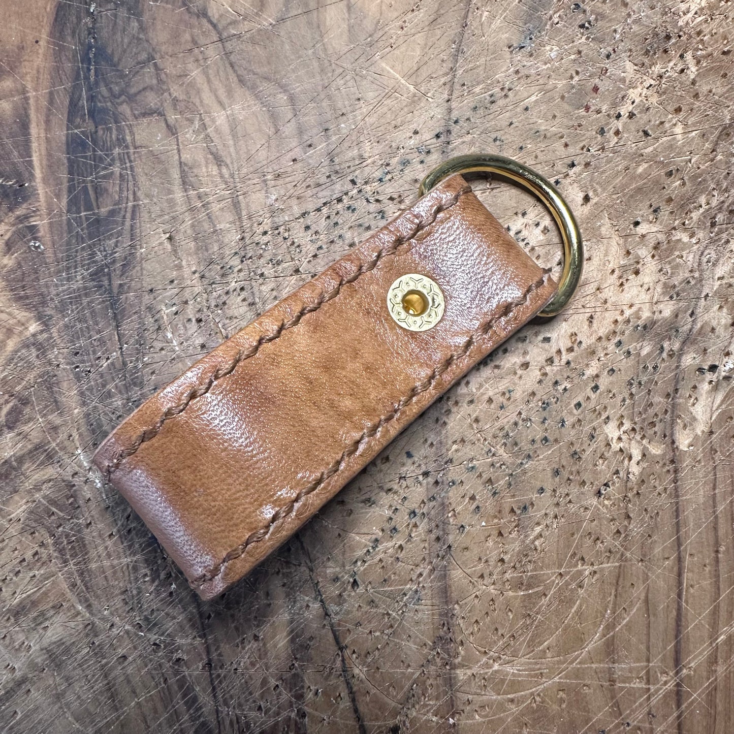 Hand-Stitched Leather Keyring — Repurposed Tan Leather, D-Ring & Popper