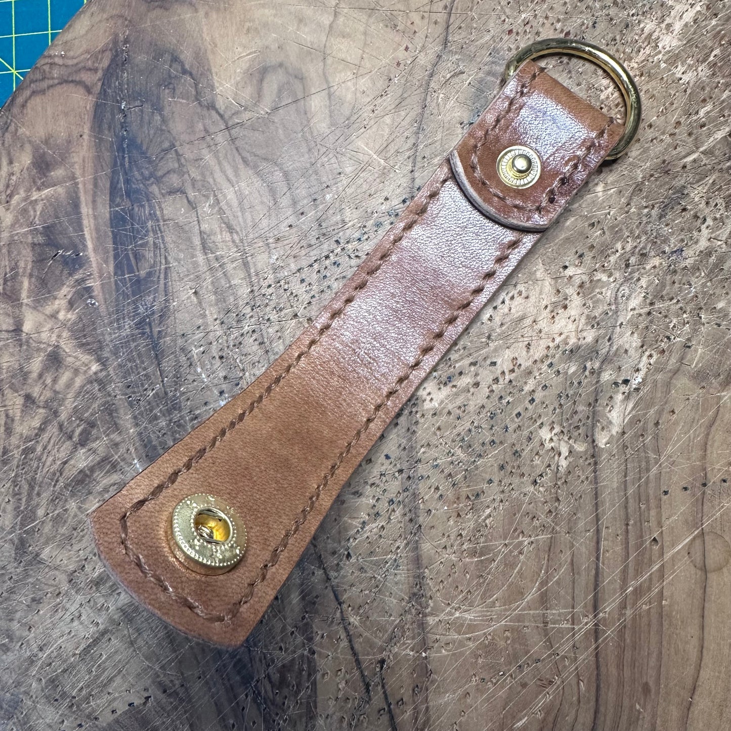 Hand-Stitched Leather Keyring — Repurposed Tan Leather, D-Ring & Popper