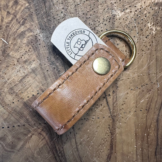 Hand-Stitched Leather Keyring — Repurposed Tan Leather, D-Ring & Popper
